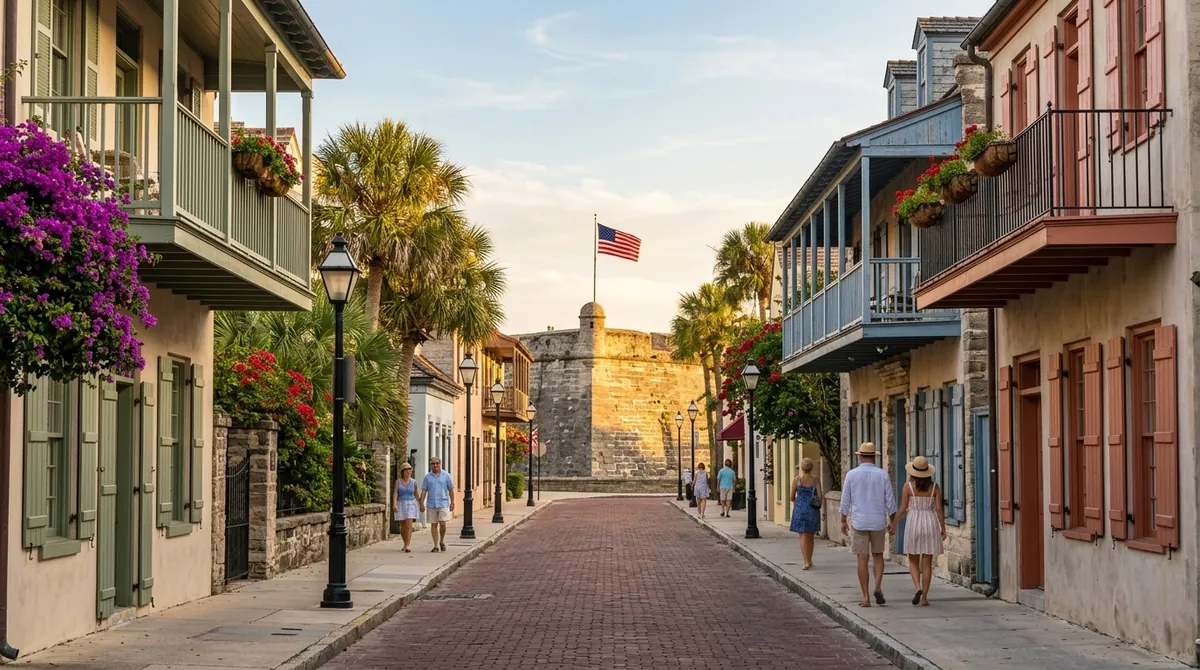 Aerial view of historic St. Augustine showing the Castillo de San Marcos and oceanfront skyline at golden hour