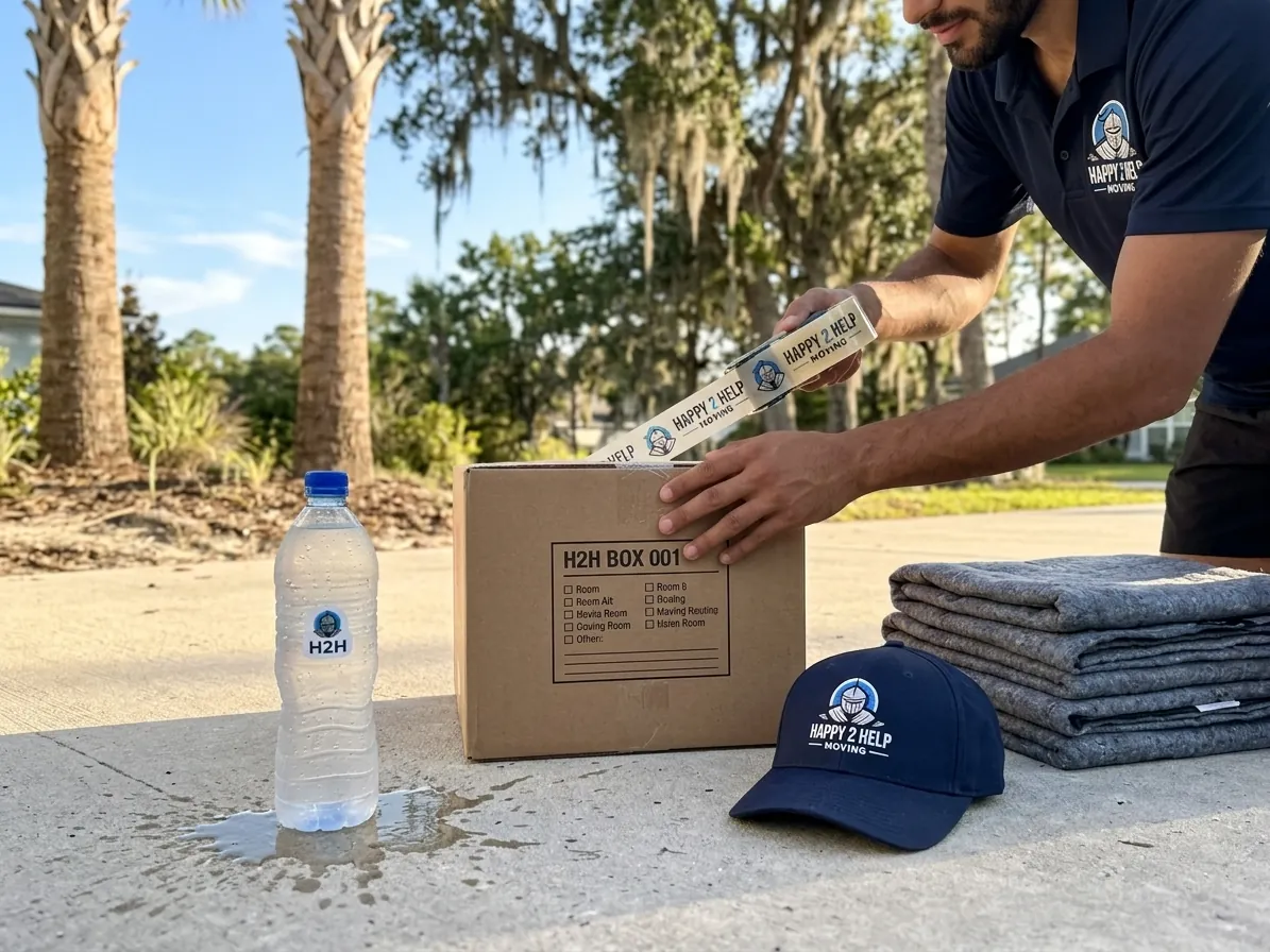 A homeowner sealing moving boxes with quality tape in a Northeast Florida home during summer
