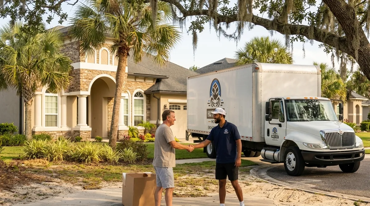 Happy 2 Help Moving crew arriving at a gated Ponte Vedra Beach home with palm trees in the background