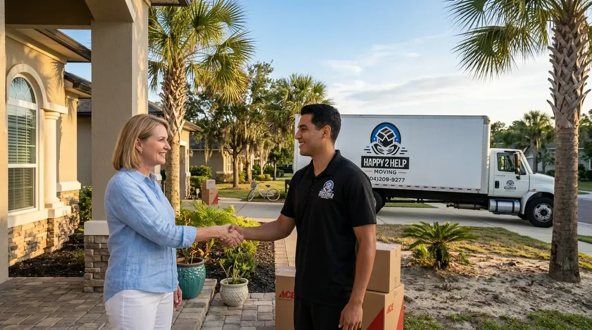 A Happy 2 Help Moving crew lead greeting a Northeast Florida homeowner